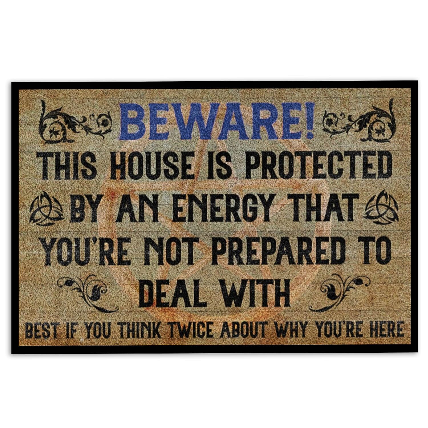 Wicca Door Mat Beware This House is Protected by an Energy Witch Wicca Welcome Non-Slip Mats Funny Doormat Bathroom Kitchen Front Porch Rugs Entrance 16 x 24 Inch/40 x 60cm