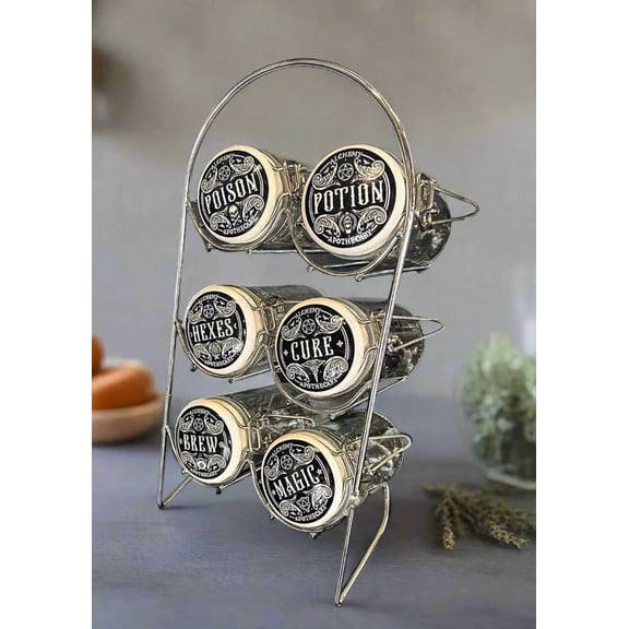 Wicca Kitchen Witch Alchemy Apothecary Jar Spice Metal Rack With 6 Glass Jars