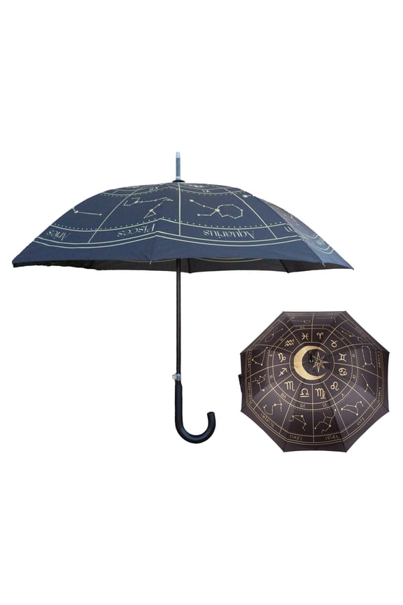 Wicca Magic Black Gold Astrology Wheel Sacred Symbols Constellations Umbrella