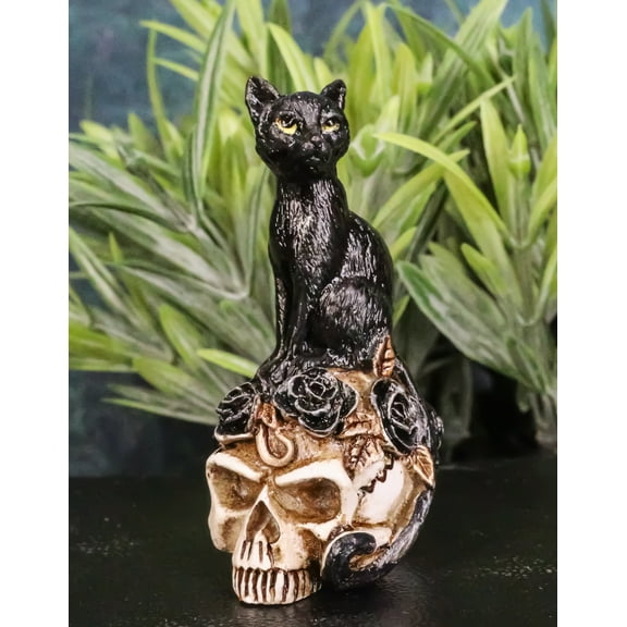 Wicca Magic Black Mystical Cat Sitting On Skull With Poison Roses Mini Figurine