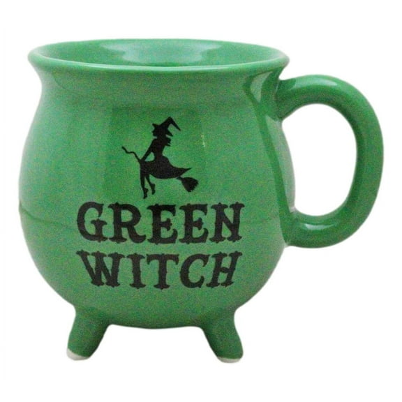 Wicca Magic Green Witch Flying Broomstick Cauldron Ceramic Mug With Handle 16oz