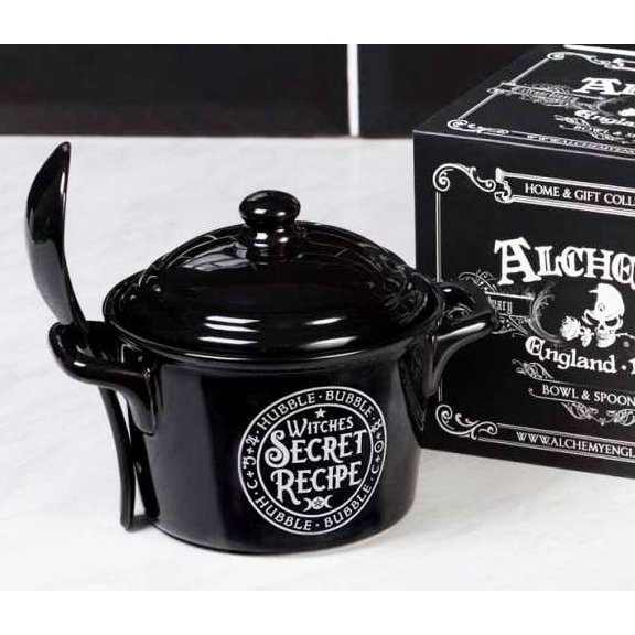 Wicca Magic Witches Cauldron Secret Recipe Fine Bone China Bowl With Spoon & Lid