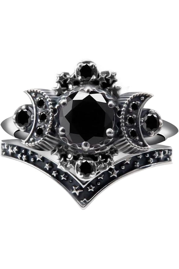 Wicca Pagan Triple Moon Goddess Ring Set - Purple Crystal Women's Jewelry