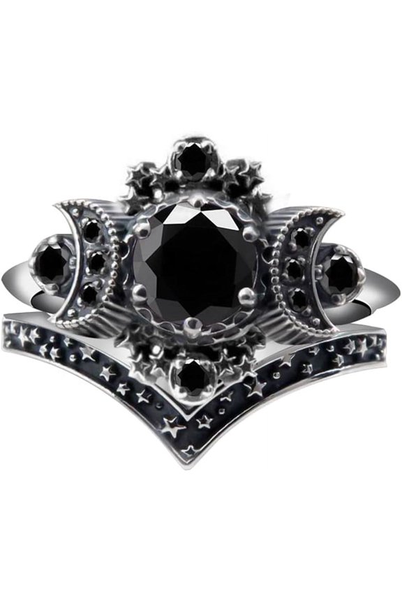 Wicca Pagan Triple Moon Goddess Ring Set - Purple Crystal Women's Jewelry