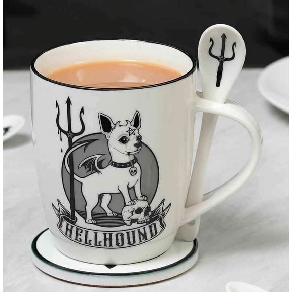 Wicca Sacred Hellhound Pentagram Devil Dog Porcelain Mug With Spoon Set 13oz