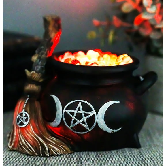 Wicca Triple Moon Goddess Pentagram LED Light Cauldron And Broomstick Figurine