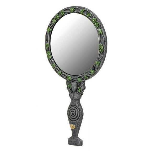 Wicca Triple Moon Spiral Goddess with Magical Ivy Leaves Sculptural Hand Mirror
