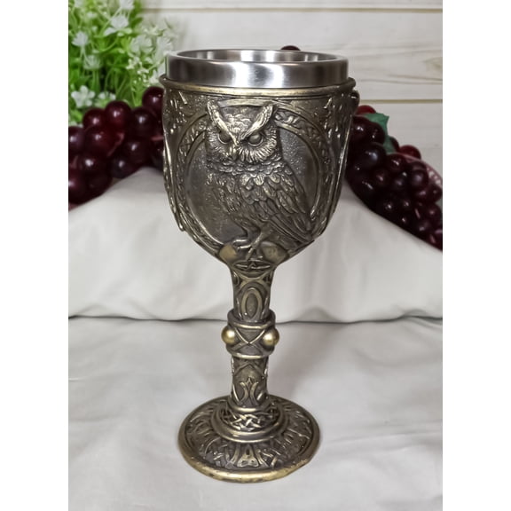 Wicca Wisdom Of The Woods Great Horned Owl Perching On Pentagram Wine Goblet
