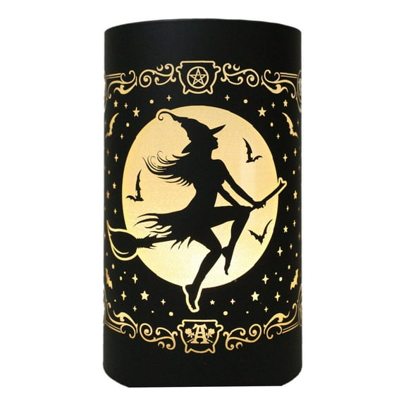 Wicca Witch by Moonlight On Broomstick with Bats LED Etched Glass Lantern Light