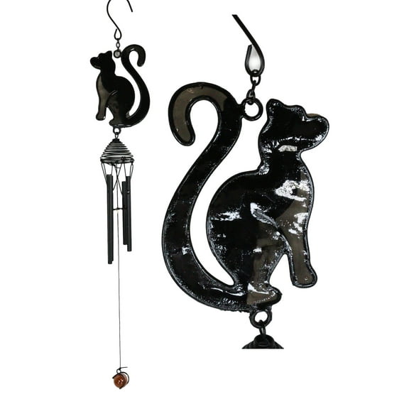 Wicca Witchcraft Black Cat Shadow Profile Stained Glass Wind Chime Suncatcher