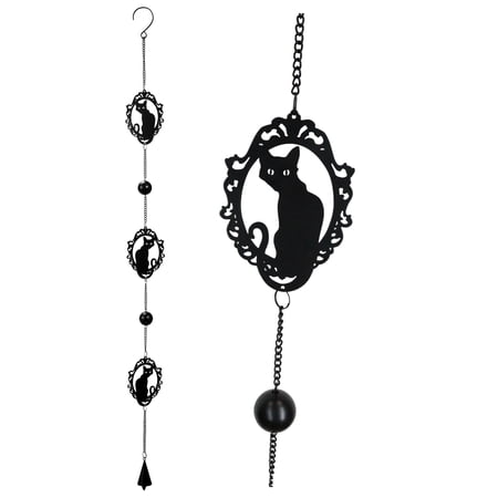 Wicca Witchcraft Black Cat Silhouette Black Coated Steel Metal Wind Chime Mobile