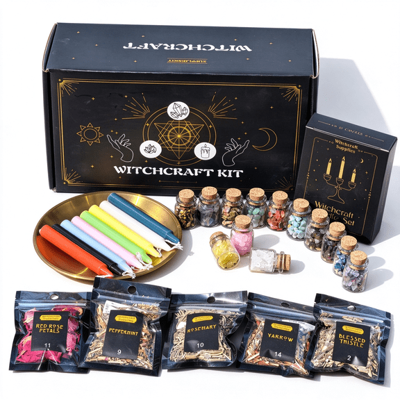 Wiccan Altar Witchcraft Supply Kit for Beginners, Spell Candles, Dried Herbs, Crystals Ritual Tools, Witch Gift