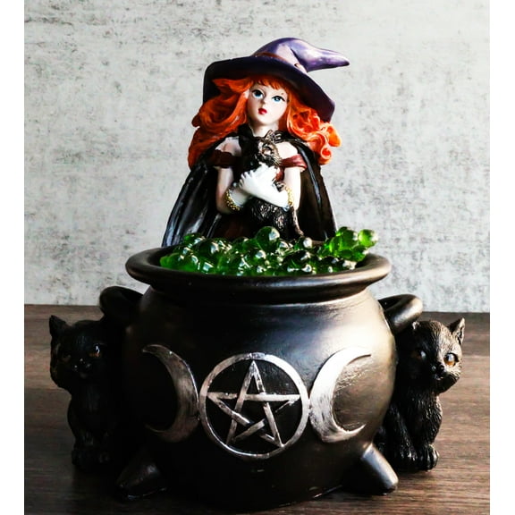 Wiccan Grand Witch Black Cat By LED Potion Bubbles Triple Moon Cauldron Figurine