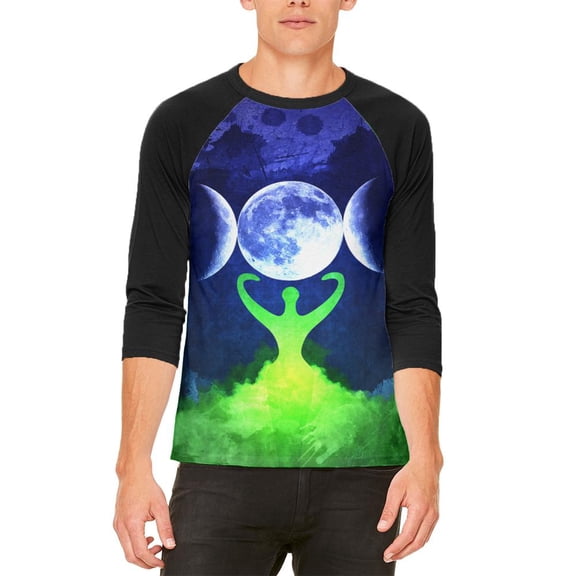 Wiccan Moon Goddess Mother Earth Symbol Mens Raglan T Shirt White-Black SM