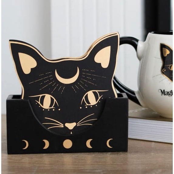 Wiccan Mystic Mog Black Cat Face With Crescent Moon Triple Goddess Coaster Set