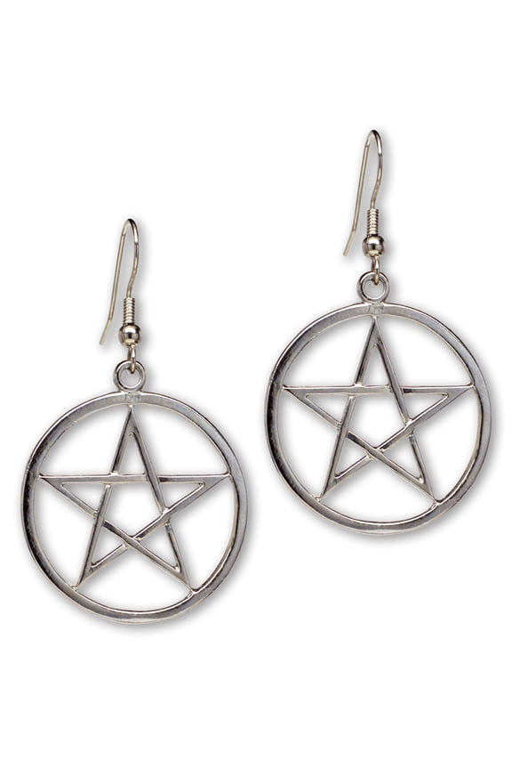 Wiccan Pagan Pentacle Pentagram Silver Finish Pewter Dangle Earrings by Real Metal #809