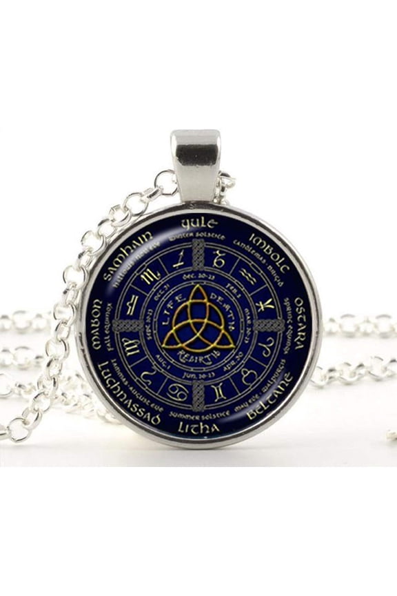 Wiccan Pentagram Pendant Necklaces Pagan Wheel of The Year Jewelry Glass Photo Charm
