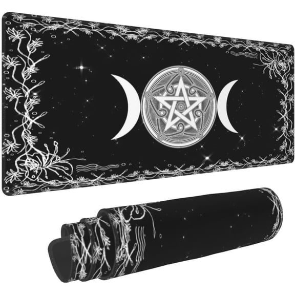 Wiccan Triple Moon Pentagram Black White Wicca Pagan Gaming Keyboard Mouse Pad Mousepad Accessories Huge Extended XL Stitched Edge Rubber Sole for Home Office(31.5"X 11.8")