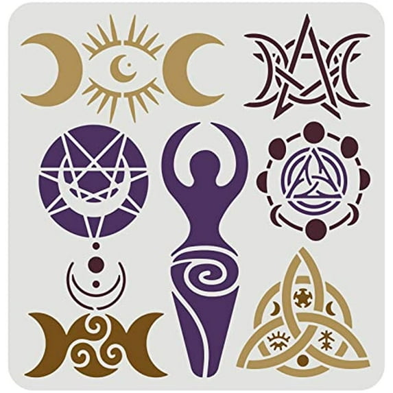 Wiccan Witch Symbols Drawing Stencil 11.8x11.8inch Reusable Spiral Goddess Painting Template DIY Craft Viking Celtic Knot Stencil for Painting on Wall Furniture Wood and Paper