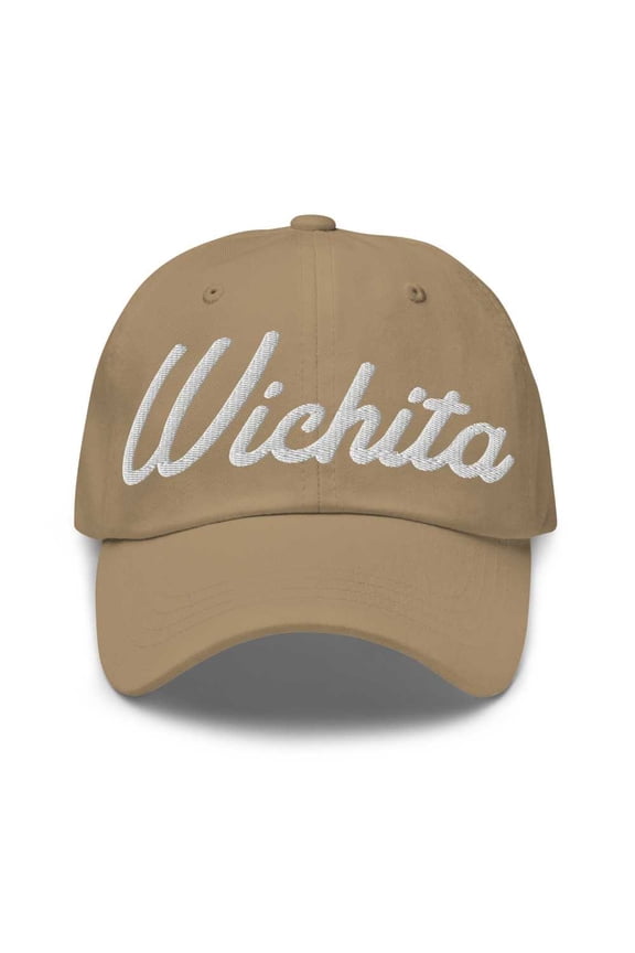 Wichita Baseball Cap Wichita Dad Hat Bold Script Wisconsin WI Hat Embroidered Souvenir Gift Khaki