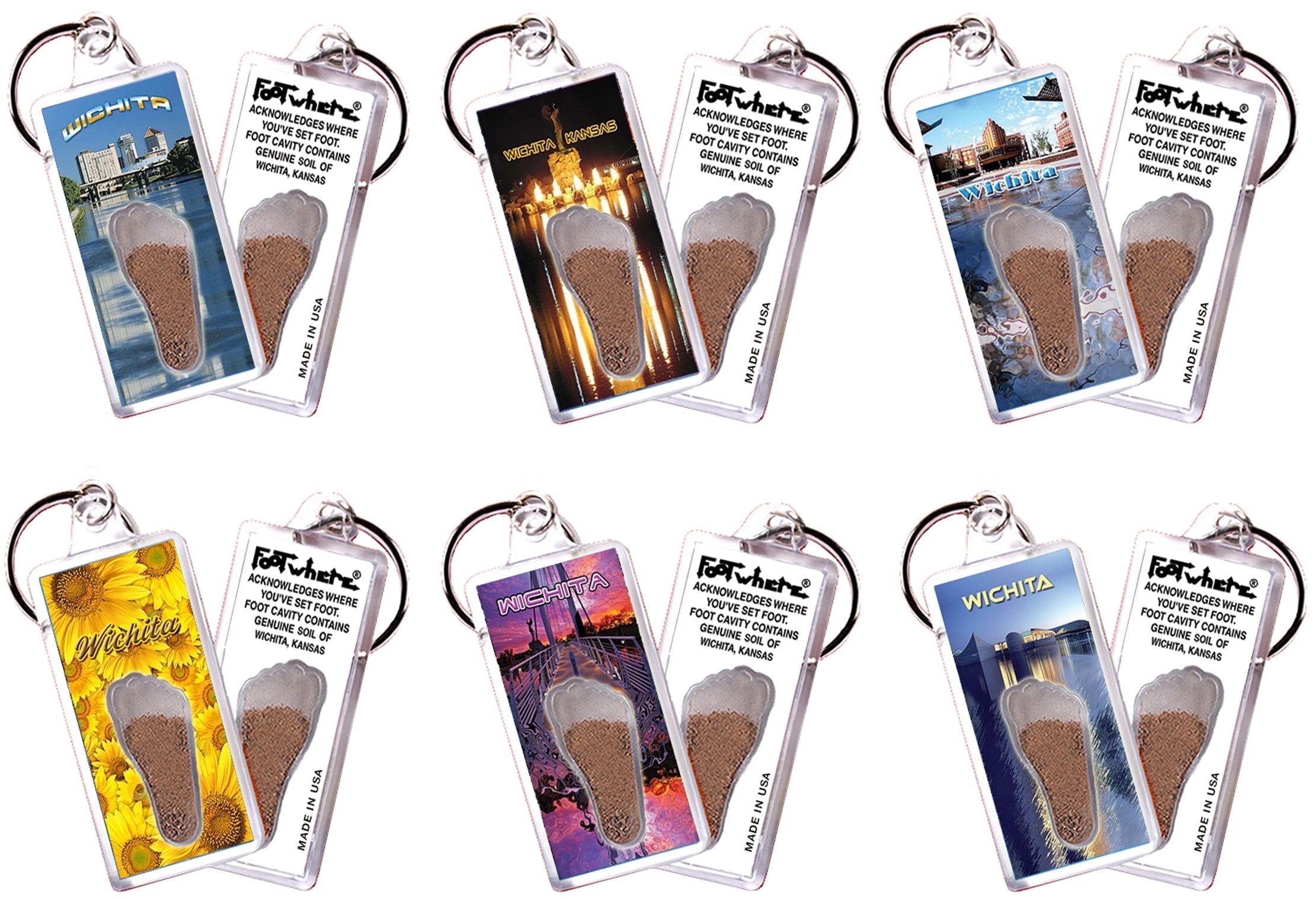 Wichita, KS FootWhere Souvenir Keychains. (WCT100 - Assorted) 6 Piece Set