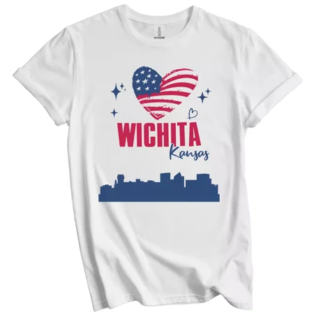 Wichita Kansas Skyline American Flag Heart 4Th Of July T-Shirt Gift For Men Women Unisex Tee