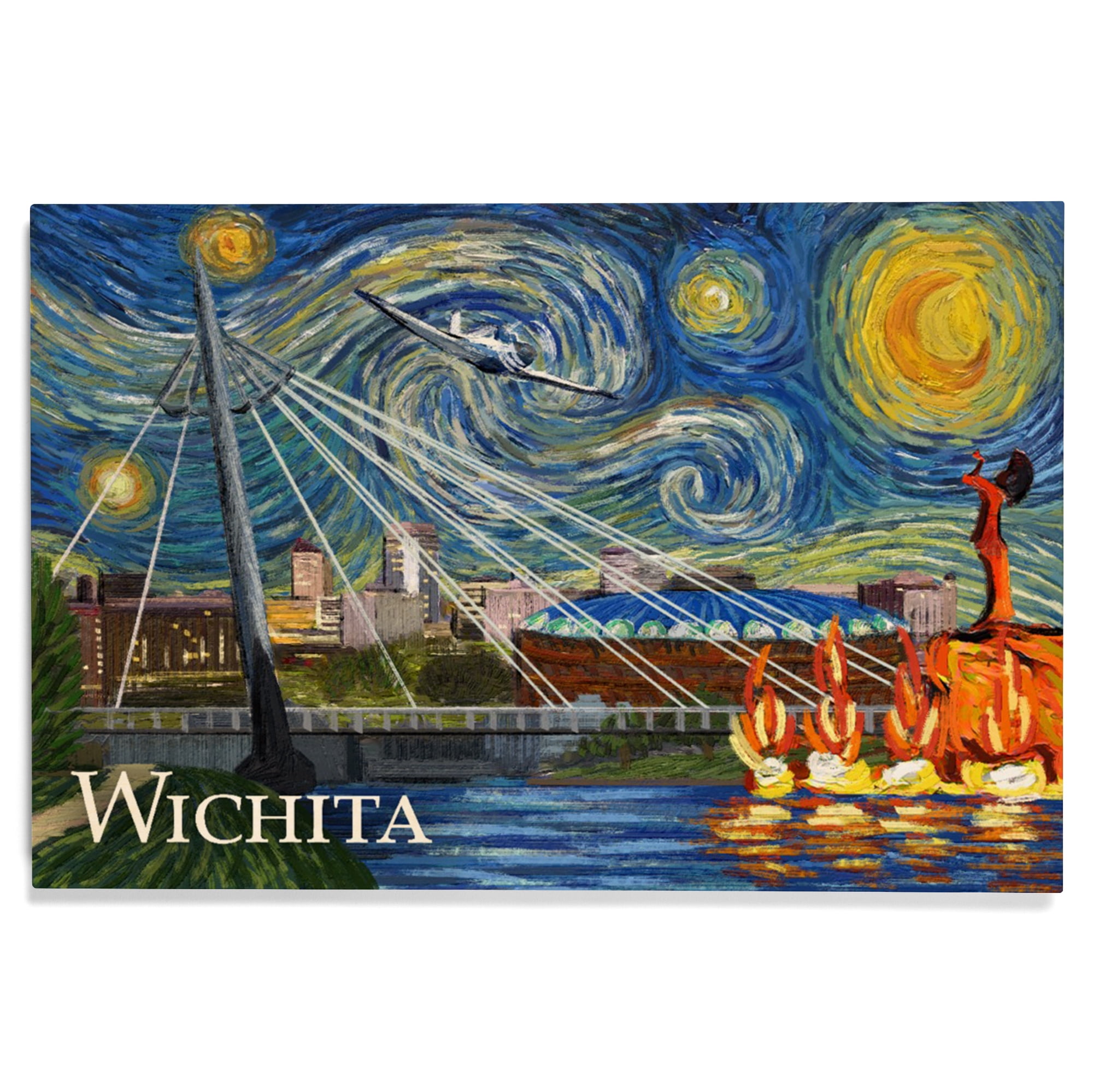 Wichita, Kansas, Starry Night Birch Wood Wall Sign (12x18 Rustic Home