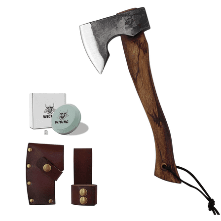 WICING Camping Hatchet 13.5"–1065 Carbon Steel Axe with Beech Wood Handle & Leather Sheath, Survival Hatchet for Camping, Wood Chopping, Outdoor Tools