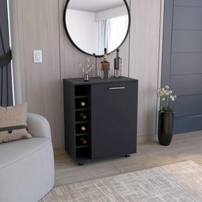 TUHOME Wick Rolling Bar Cart with Wheels, Wine Rack & Cabinet, 32.3"H Black Mobile Serving Cart