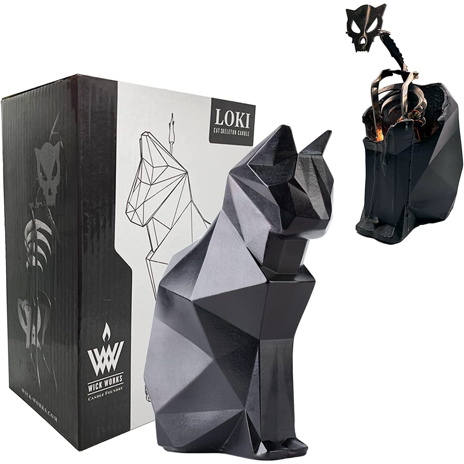 Wick Works Loki Cat Skeleton Candle Reveal Polished Steel Frame 7