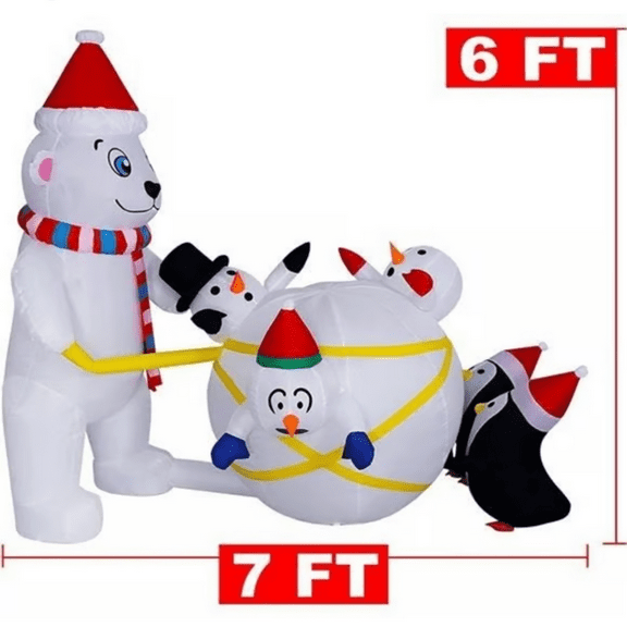 Wick's Outdoor Living 6FT Polar Bear and Penguins Inflatable with LED Lights, 7FT Long Christmas Outdoor Decoration
