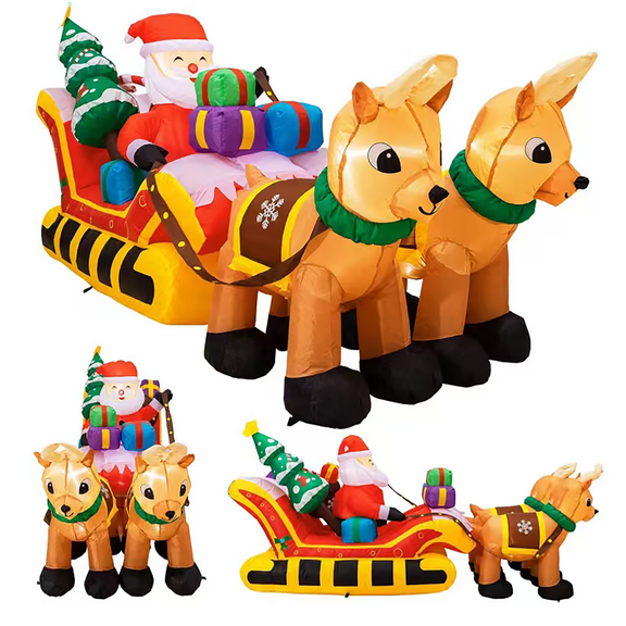 Wick's Outdoor Living Inflatable Santa and Sleigh, 8FT Yard Decoration with LED Lights