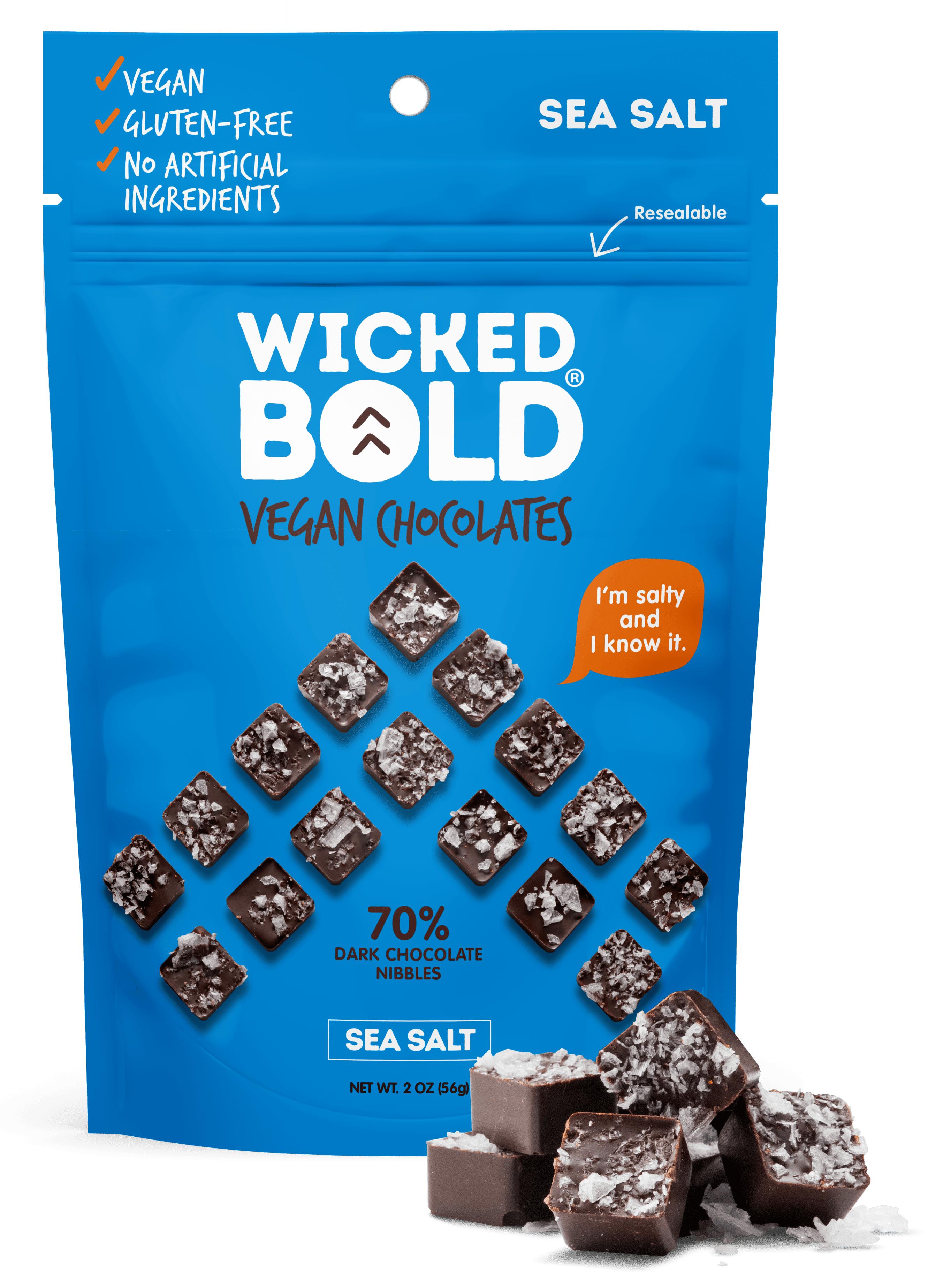 Wicked BOLD 70 Sea Salt Dark Chocolate Candy Individual Pack 2.5oz, 28
