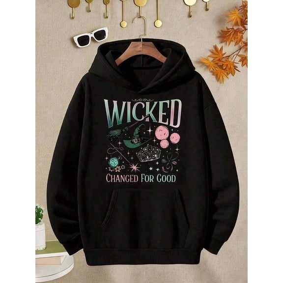 "Wicked Changed For Good" Graphic Hoodie, Black Witchy Elements Print Sweatshirt, Halloween Festival OutfitAffordable Christmas Holiday Winter Wear Date Night & Everyday Activewear Soft & Comfortable