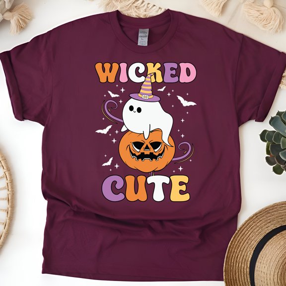 Wicked Cute Ghost Shirt | Pastel Pumpkin Halloween T-Shirt, Maroon, Size S