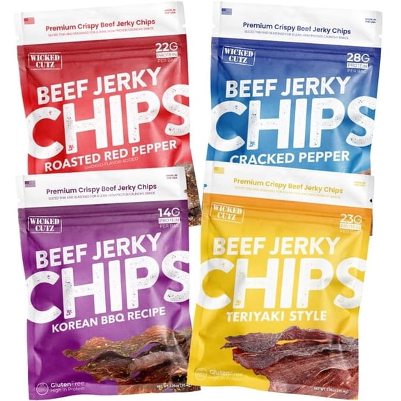 Wicked Cutz Jerky Chips Variety Pack, Up to 28g Protein Per Bag, Cracked Pepper, Teriyaki, Roasted Red Pepper, & Korean BBQ Flavored Beef Jerky Crisps, USA Made High Protein Carnivore Snacks (4 Bags)