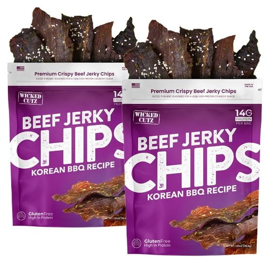 Wicked Cutz Korean BBQ BCF26 Beef Jerky Chips, 14g Protein per Bag, Crispy & Crunchy Beef Jerky Crisps, USA Made Barbeque Flavored Chips, High Protein Carnivore Snacks (2 Bags)