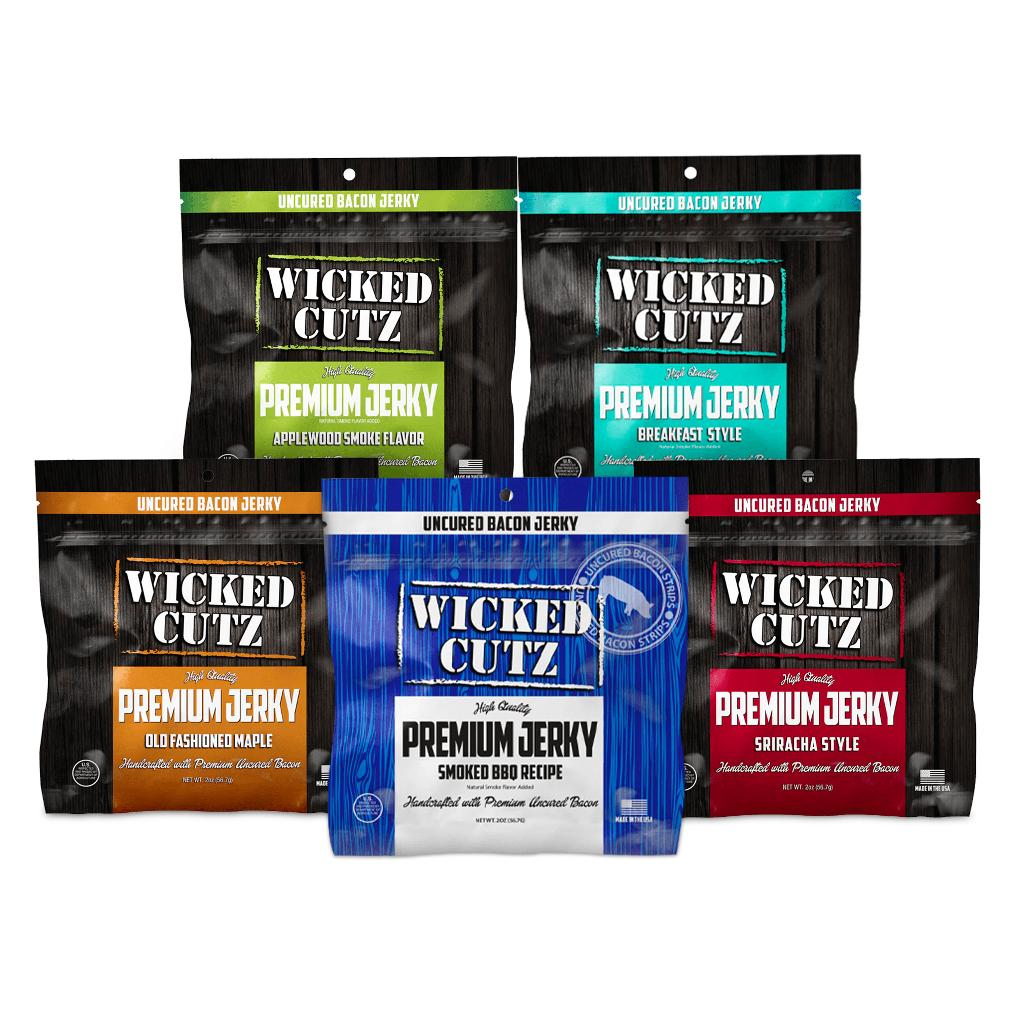 Wicked Cutz Premium Bacon Jerky Variety Pack, 2 oz Bags (5Pack)