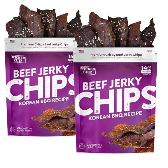 Wicked Cutz Premium Beef Jerky Crispy Chips, Korean BBQ Recipe, 28g Protein, 1.25 oz, 2-Pack