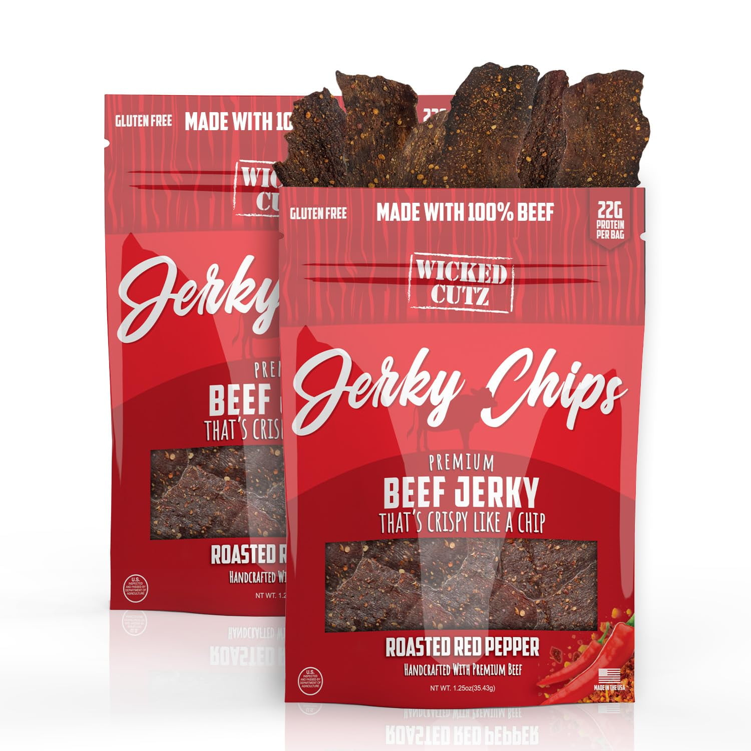 Wicked Cutz Premium Beef Jerky Crispy Chips, Roasted Red Pepper, 22g Protein, 1.25 oz, 2Pack