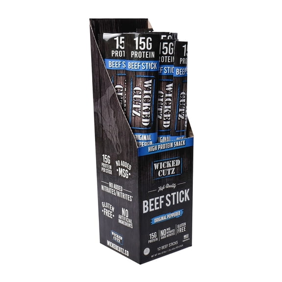 Wicked Cutz Premium Beef Sticks, High Quality, Protein-Rich, Original Peppered, 1.5oz, 12-Pack