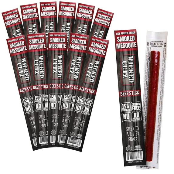 Wicked Cutz Premium Beef Sticks, High Quality, Protein-Rich, Smoked Mesquite, 1.5 oz, 12-Pack