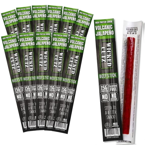 Wicked Cutz Premium Beef Sticks, High Quality, Protein-Rich, Volcanic Jalapeno, 1.5oz, 12-Pack