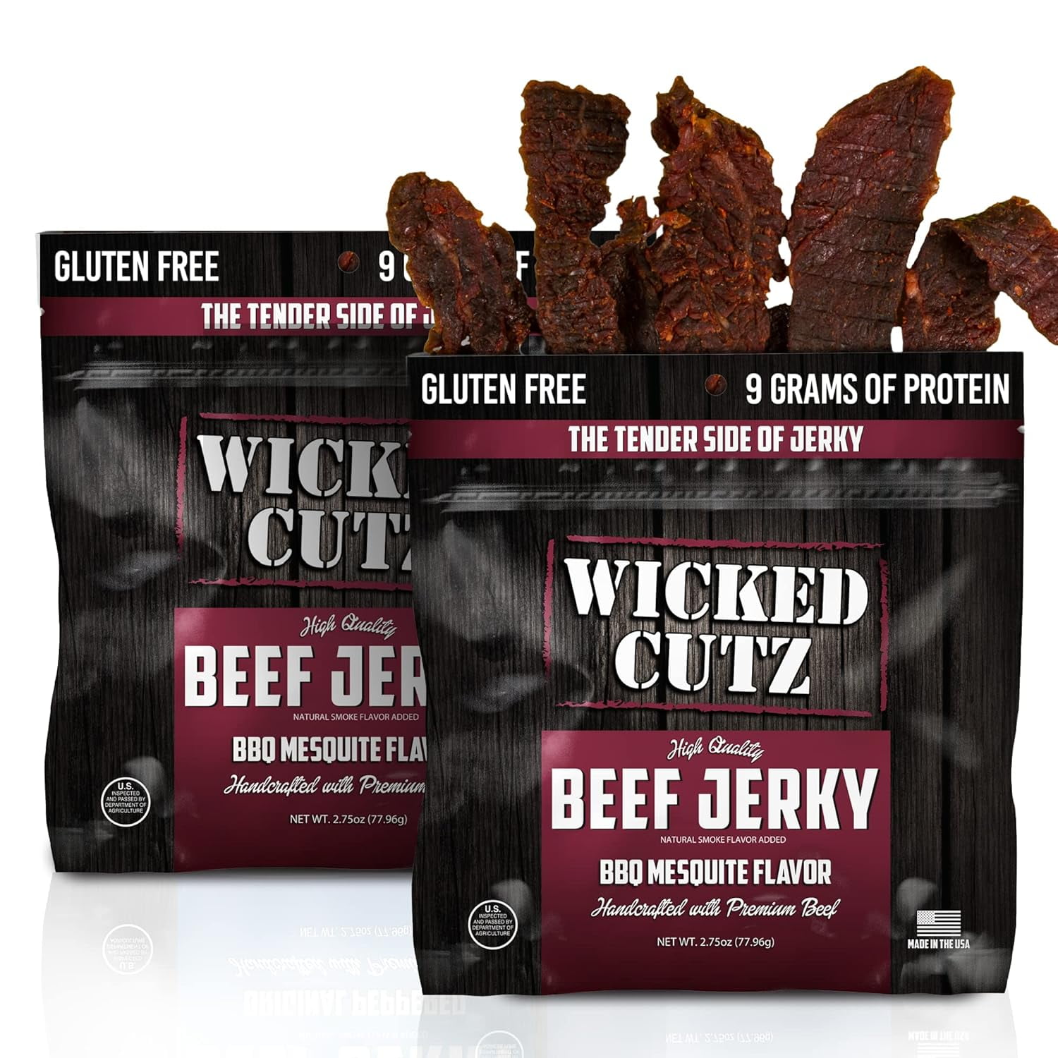 Wicked Cutz Premium Tender Beef Jerky, High Quality, BBQ Mesquite Flavor, 7g Protein, 2.75 oz, 2