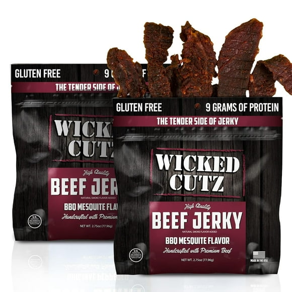 Wicked Cutz Premium Tender Beef Jerky, High Quality, BBQ Mesquite Flavor, 7g Protein, 2.75 oz, 2-Pack