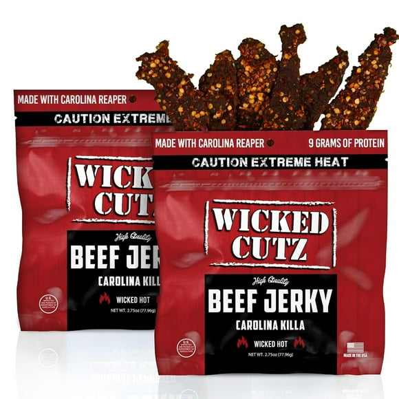Wicked Cutz Premium Tender Beef Jerky, High Quality, Carolina Killa, 9g Protein, 2.75 oz, 2-Pack