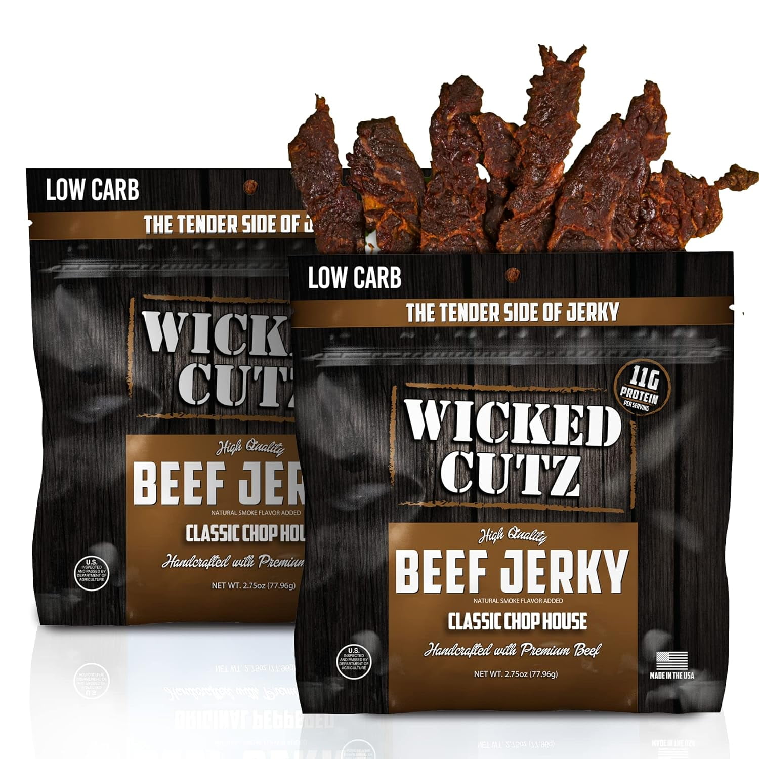 Wicked Cutz Premium Tender Beef Jerky, High Quality, Chop House, 11g Protein, 2.75 oz, 2Pack