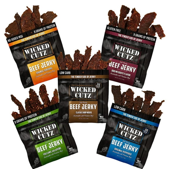 Wicked Cutz Premium Beef Jerky Variety Pack, 2.75 oz Bags, (5-Pack)