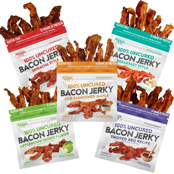 Wicked Cutz Premium Uncured Tender Bacon Jerky, High Quality Natural Smoked Variety, 2 oz, 5-Pack