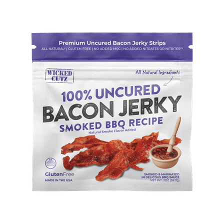 Wicked Cutz Premium Uncured Tender Bacon Jerky, Smoked BBQ Recipe, 24g Protein, 2 oz